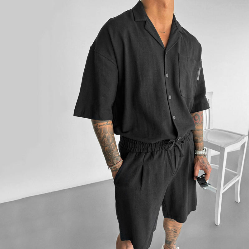 Casual Polo Collar Pocket Loose Short Sleeve Shirt Shorts Suit