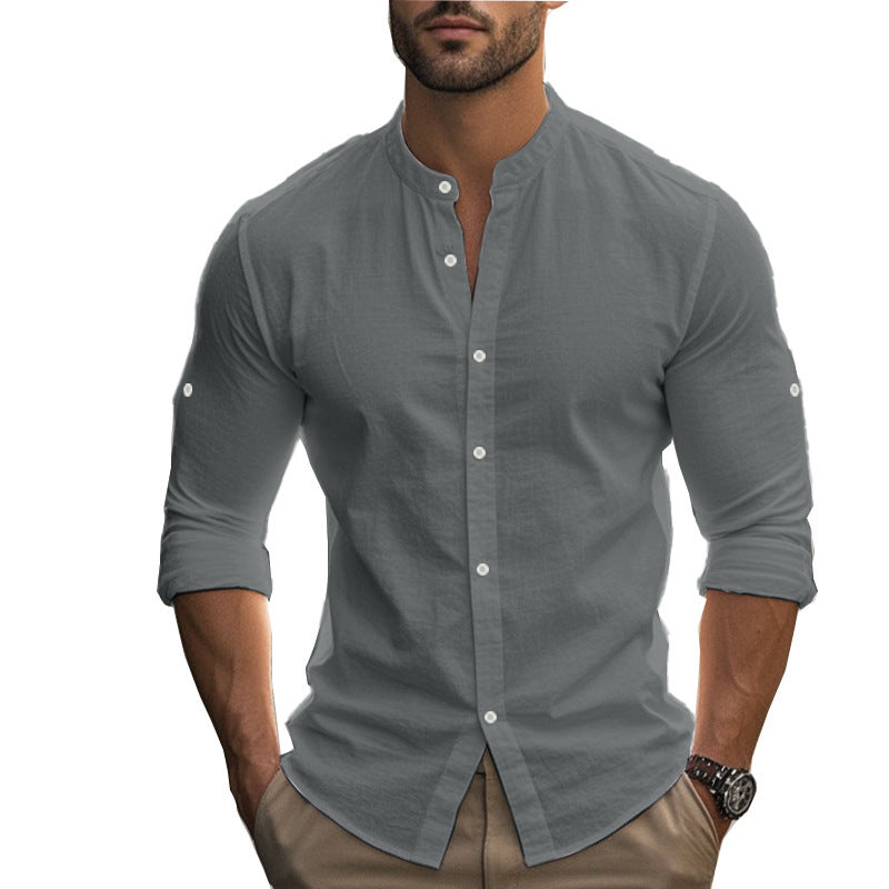 Men's Long Sleeve Standing Collar Slim Fit Casual Cotton Shirt