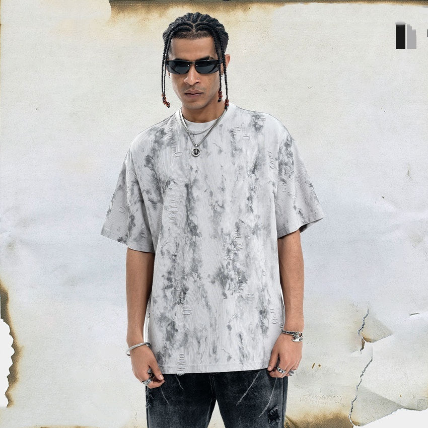 Ripped Edging Design Small Neckline Loose National Fashion Short Sleeve T-shirt