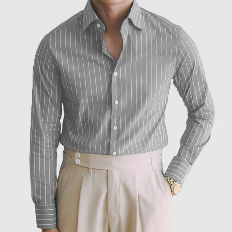 Fall Winter Men Striped Lapel Cardigan Striped Long Sleeve Shirt