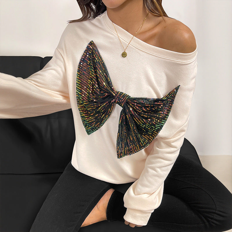 Sequined Bow Crew Neck Pullover Sweatshirt Women