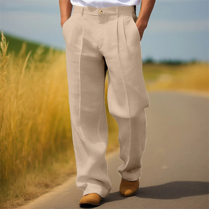 Men's Linen Solid Color Loose Straight Daily Casual Breathable Trousers
