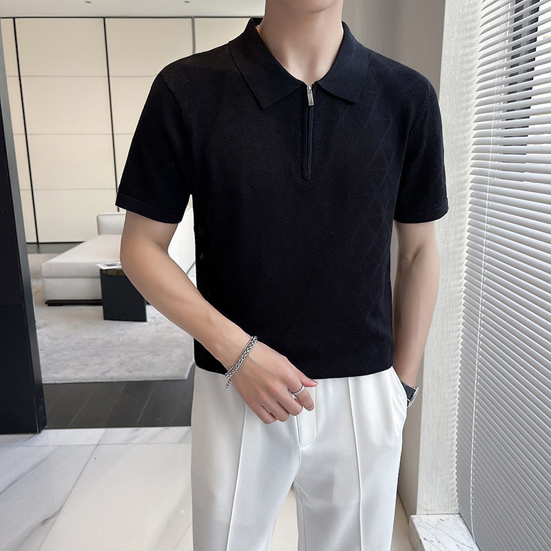 Slim-fit Lapel Rhombus Breathable Hollowed Leisure Top For Men