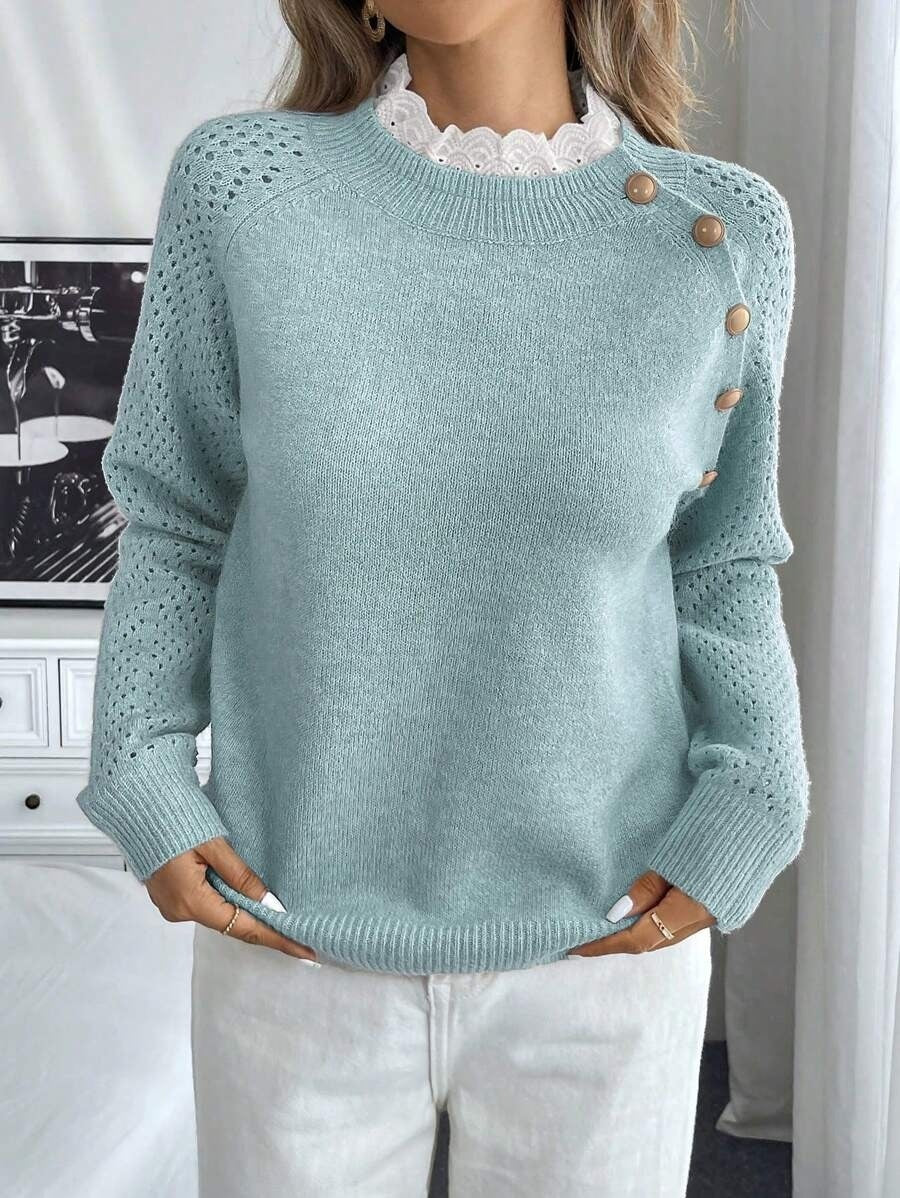 Lace Stitching Collar Design Round Neck Sweater