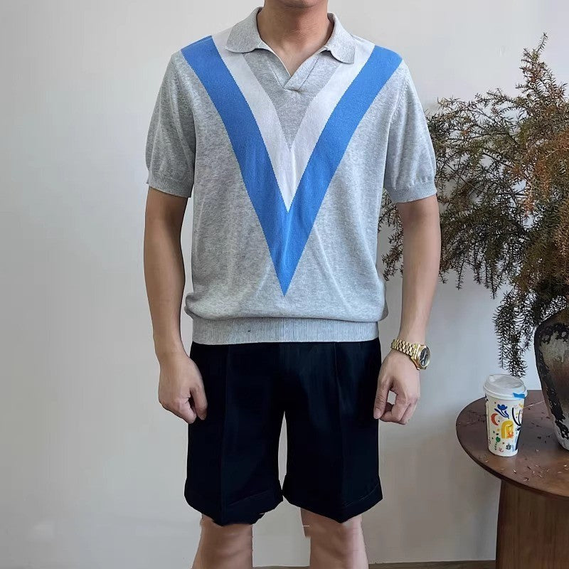 V-neck Short-sleeved Sweater Men's Striped