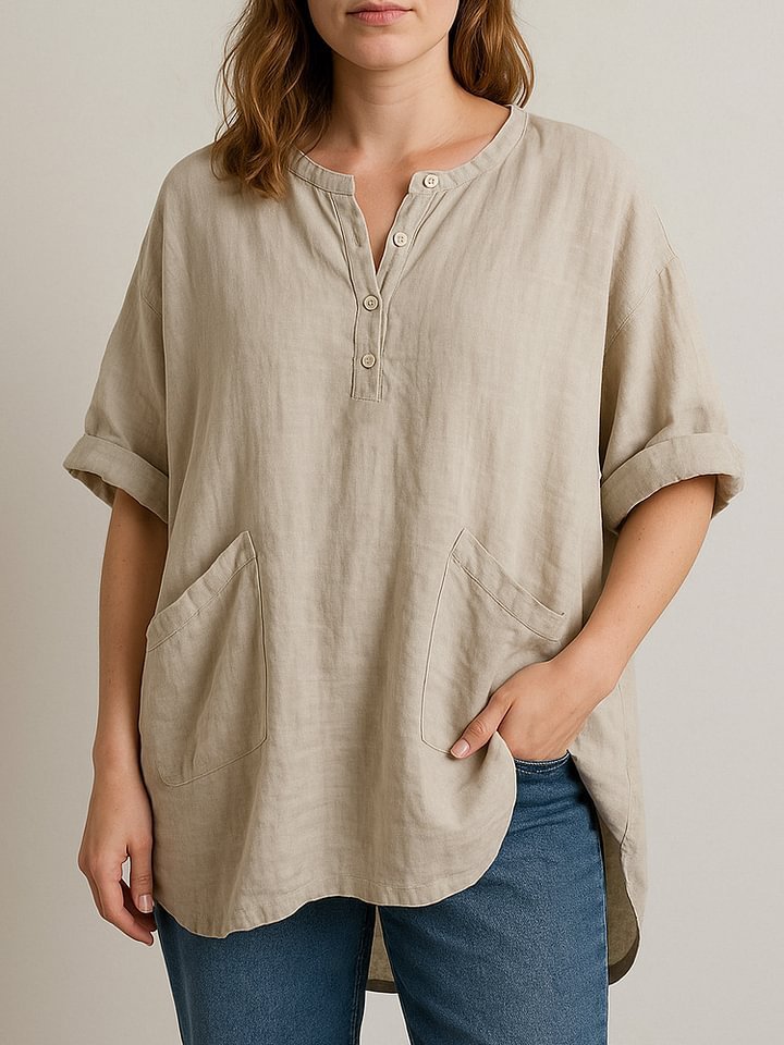 Women's Casual Cropped Sleeve V-neck Solid Color Cotton And Linen Shirt