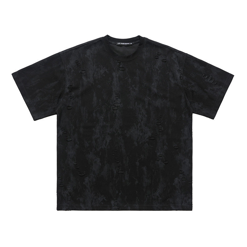 Ripped Edging Design Small Neckline Loose National Fashion Short Sleeve T-shirt