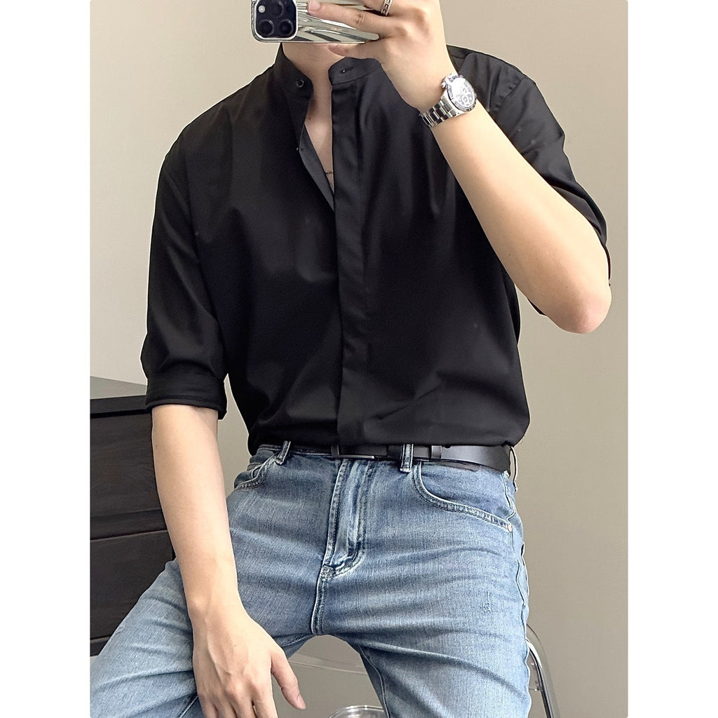 Chinese Men's Shirt Summer Stand Collar Shirt Half Sleeve Shirt Men