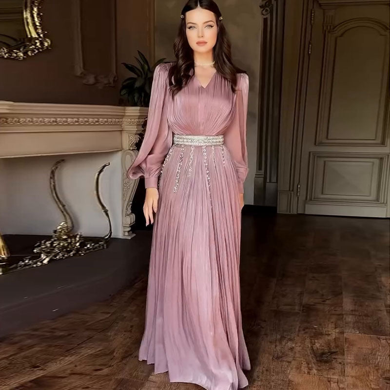 Fashion V-neck Pleated Tulle Long Sleeve Big Hem Dress