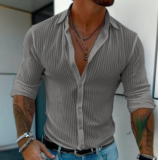 Business Pure Color All-matching Shirt Men's Striped Cardigan Long Sleeve