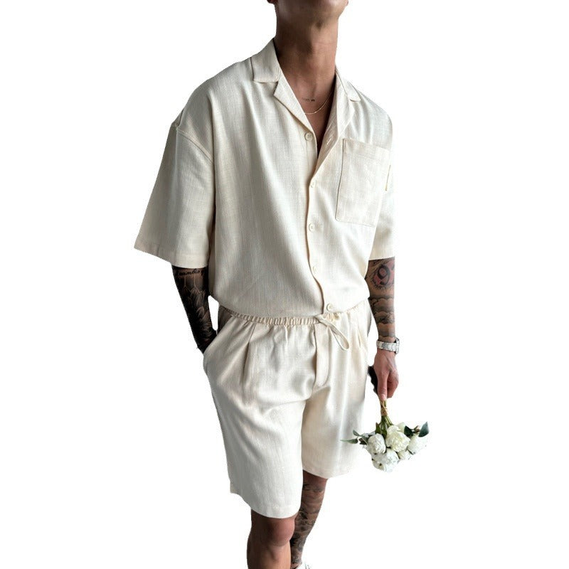 Casual Polo Collar Pocket Loose Short Sleeve Shirt Shorts Suit