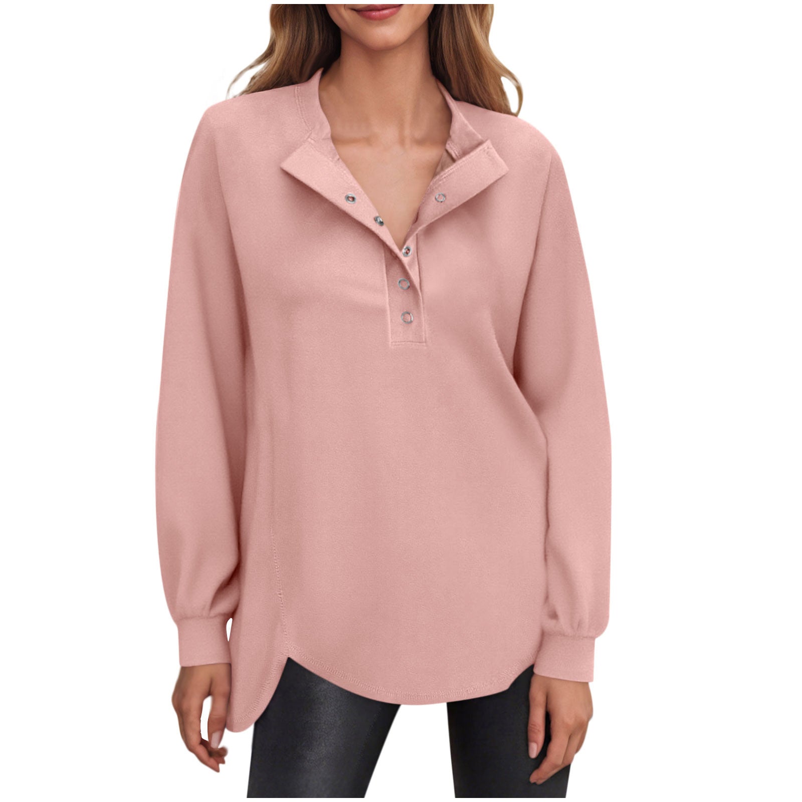 Women's Fashion Casual Solid Color Round Neck Button Long Sleeve Top