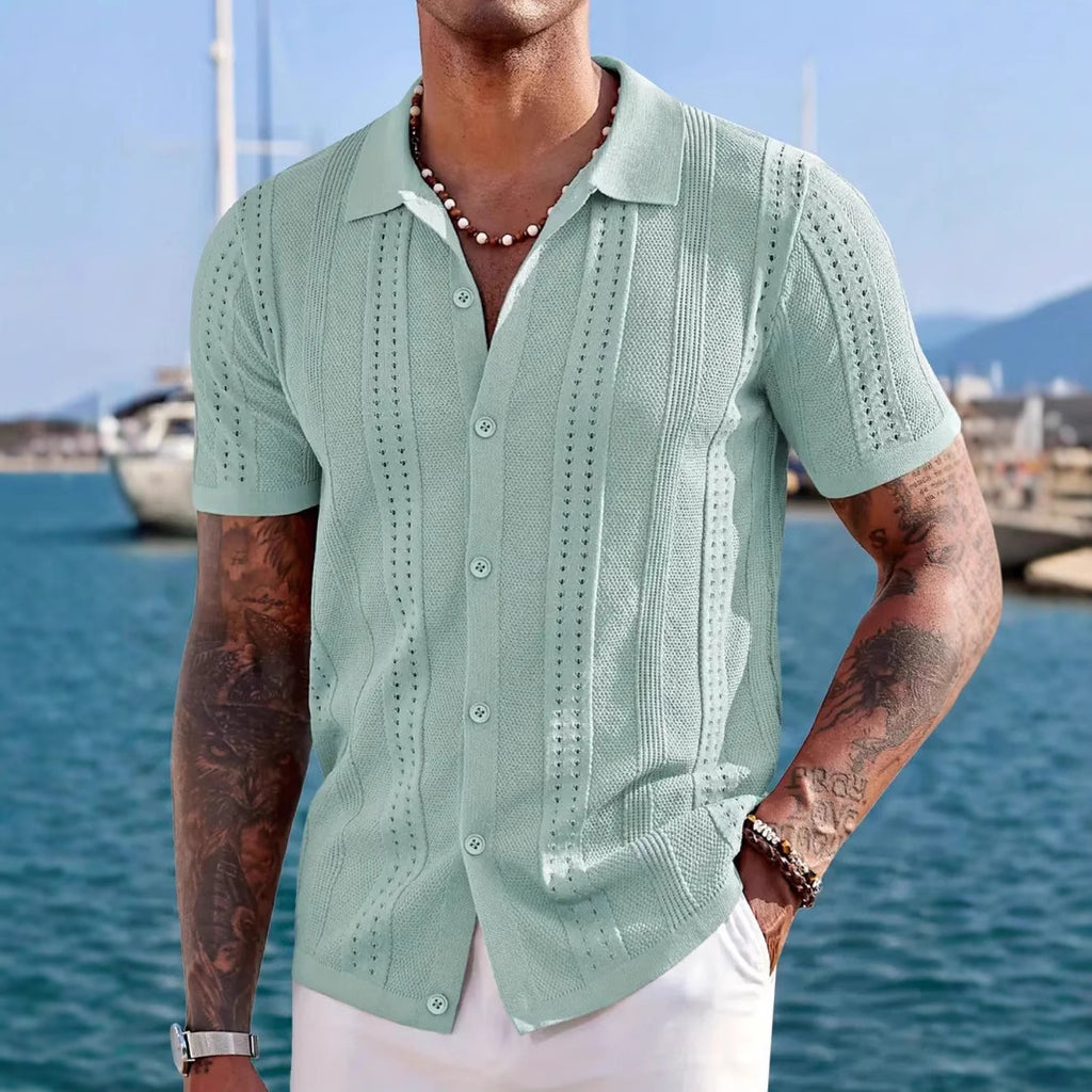Knitted Cardigan Solid Color Breathable Men's Short-sleeved Shirt