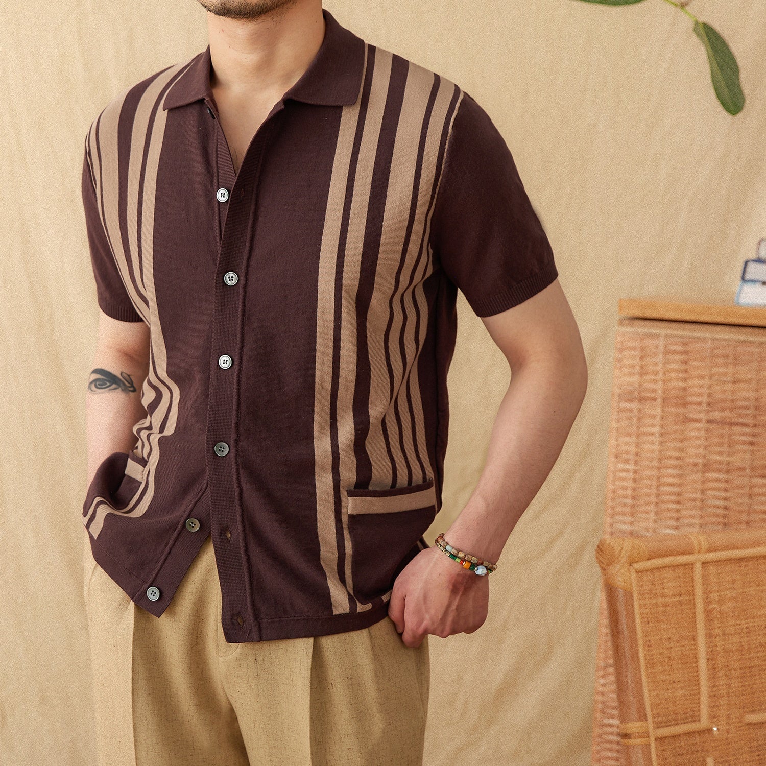 Cotton Striped Breathable Short-sleeved Knitted Cardigan Polo Shirt