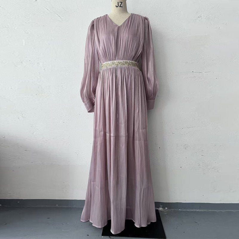 Fashion V-neck Pleated Tulle Long Sleeve Big Hem Dress