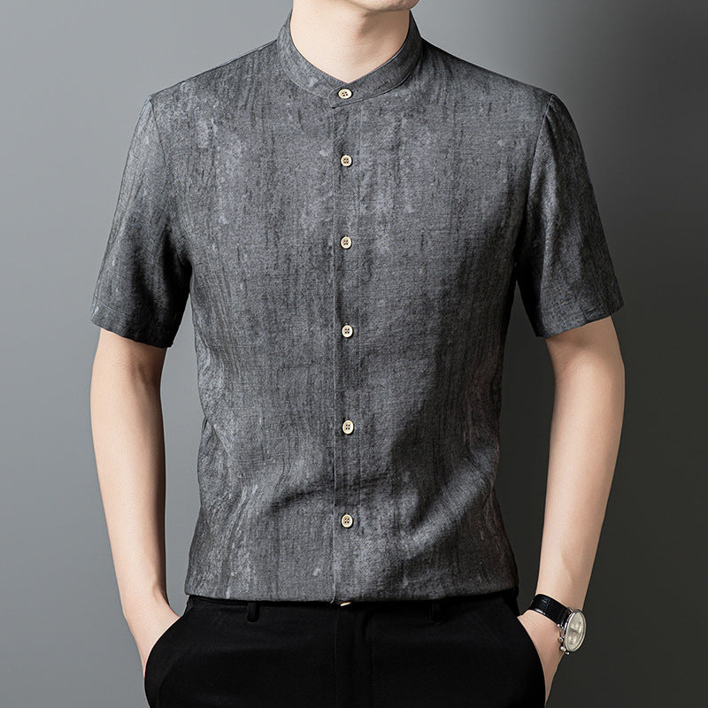 Fashion Linen Shirt Middle-aged Men's Solid Color Stand Collar Top