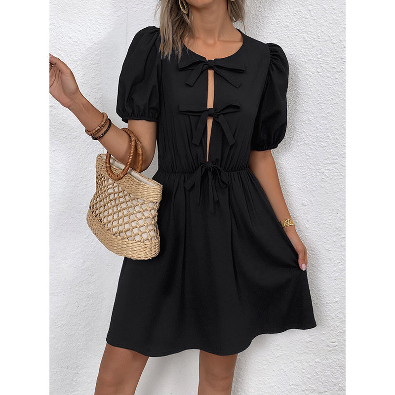 Women's Striped Tie Front Puff Sleeve Summer Casual Mini Dresses Loose Flowy Sundress