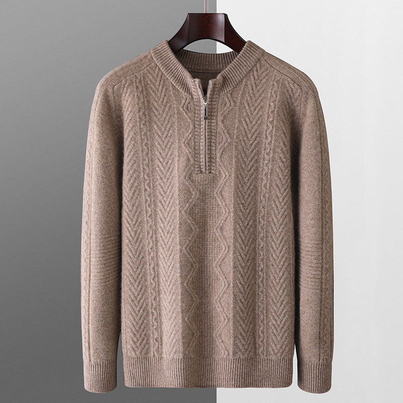 Autumn And Winter Pure Wool Men's Diamond Lattice Loose Half Zipper Sweater