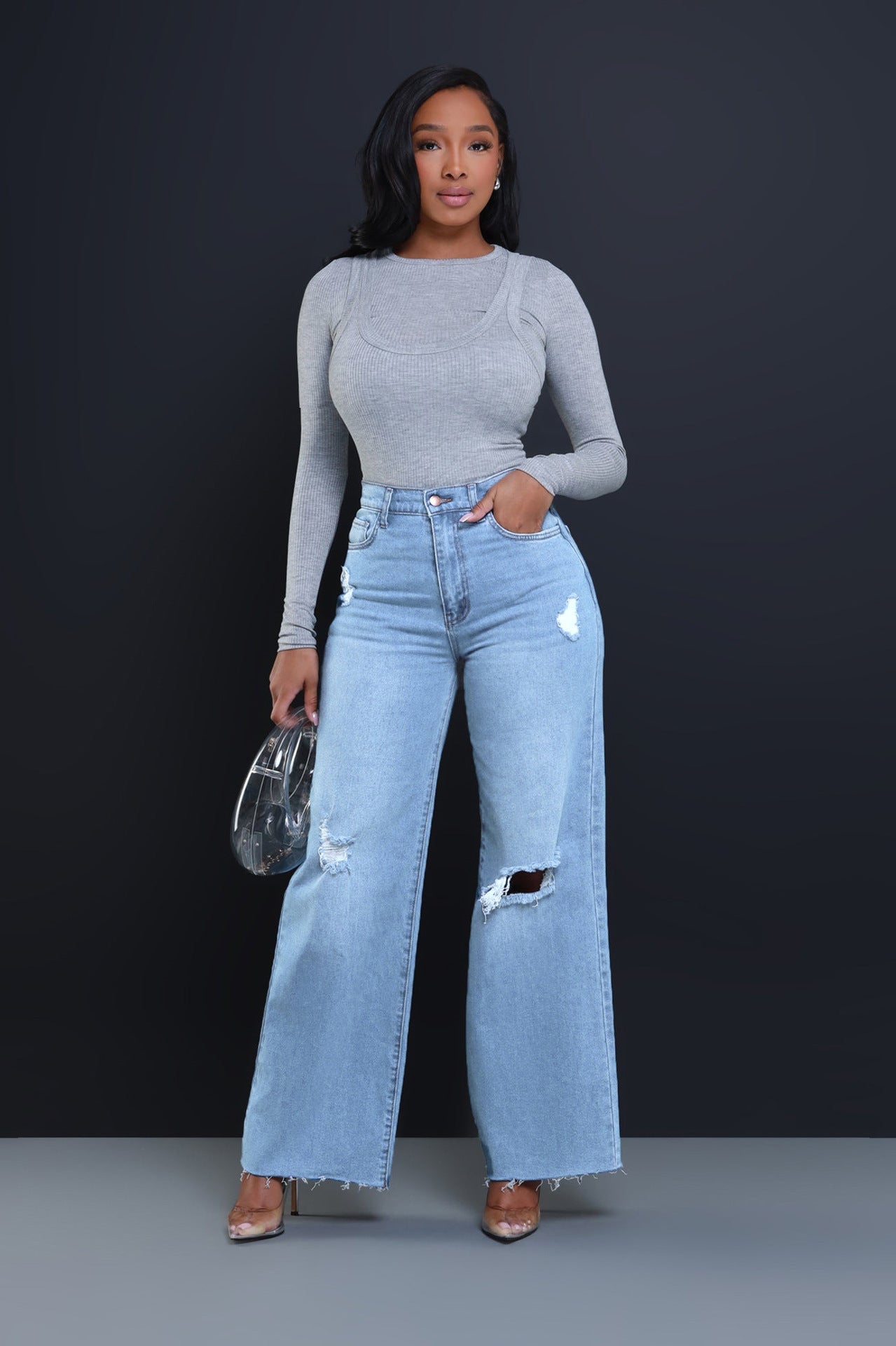 Women's Ripped High Waist Loose Straight Wide Leg Jeans