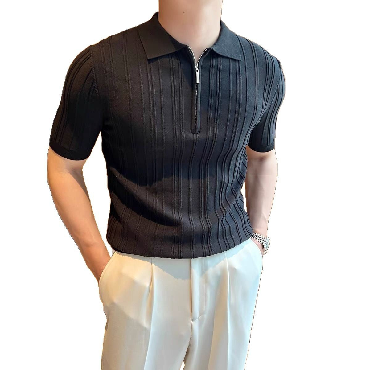 Casual Zipper Short Sleeve Men's Retro Elegant Jacquard Lapel