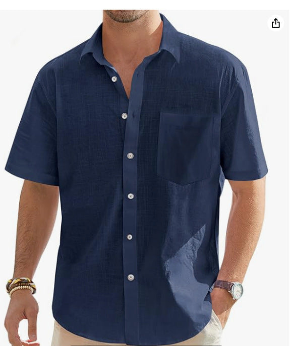 Men's Cotton And Linen Short Sleeve Shirt Top