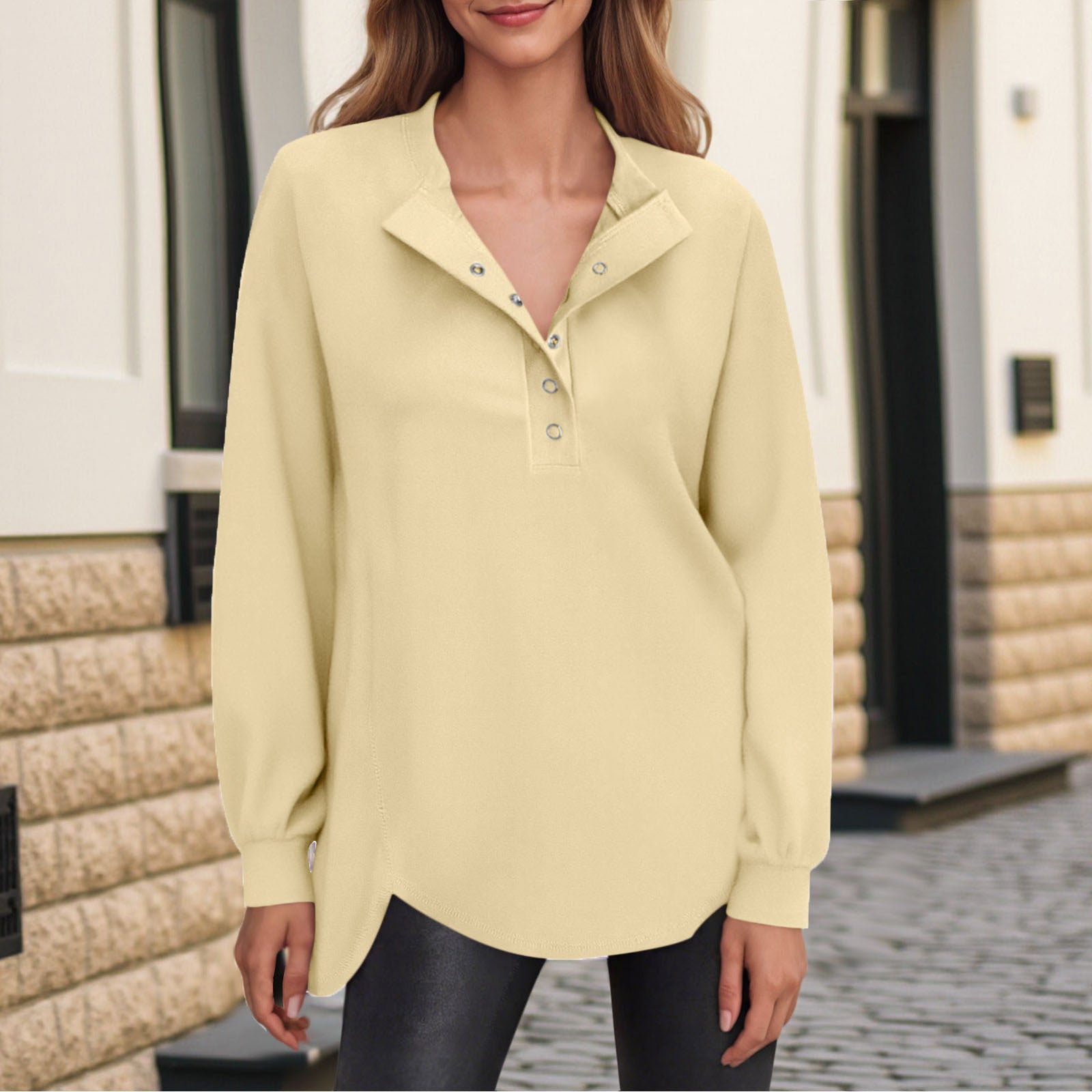Women's Fashion Casual Solid Color Round Neck Button Long Sleeve Top