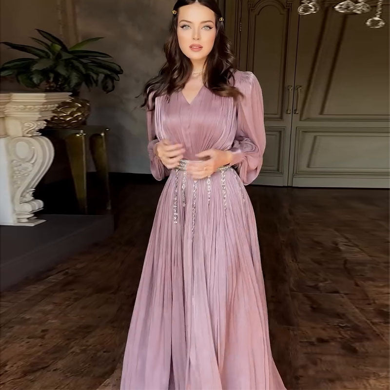 Fashion V-neck Pleated Tulle Long Sleeve Big Hem Dress