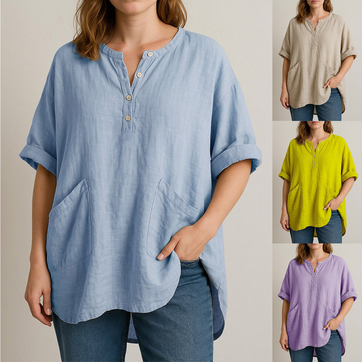 Women's Casual Cropped Sleeve V-neck Solid Color Cotton And Linen Shirt