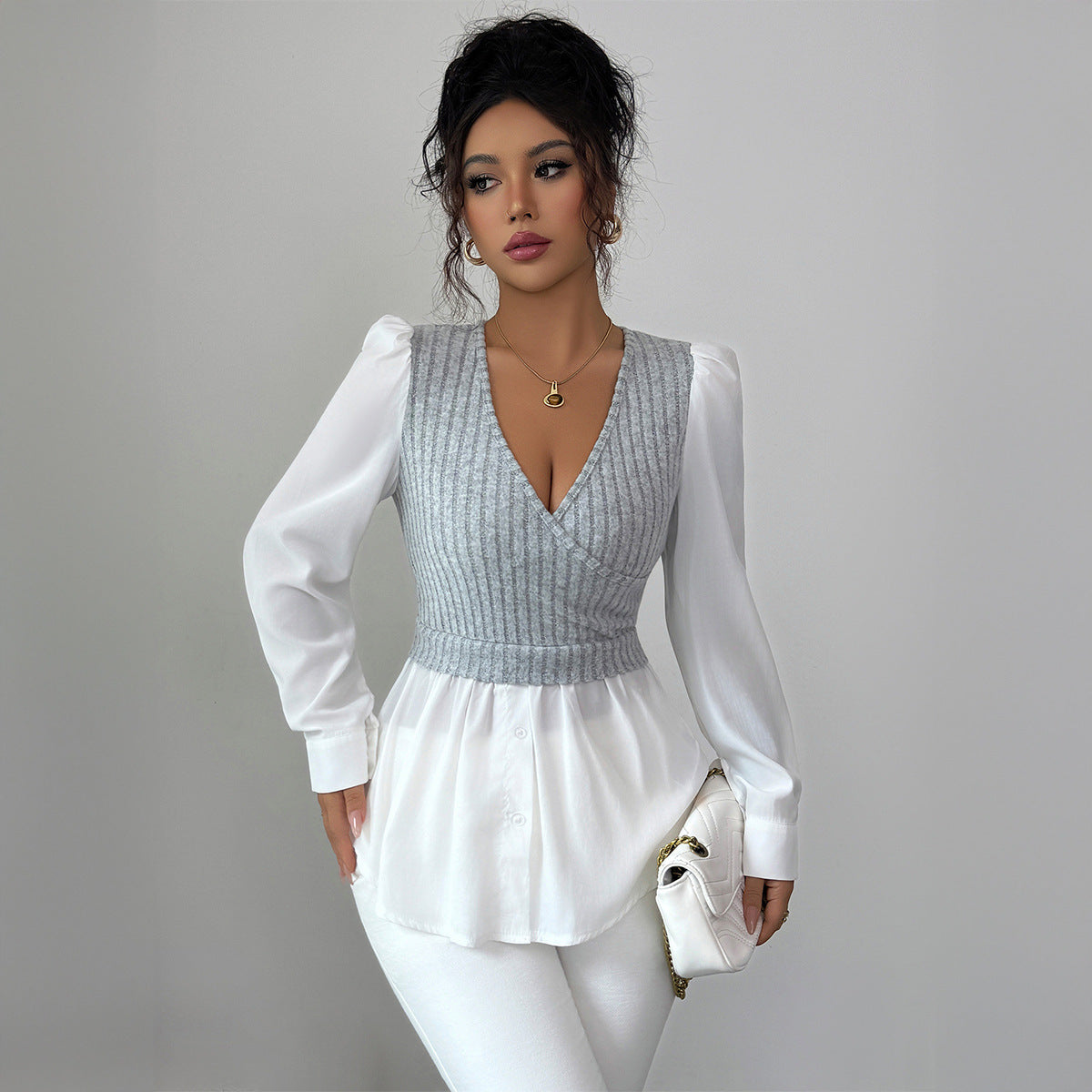 Elegant Stitching Long Sleeve Vest Shirt For Women