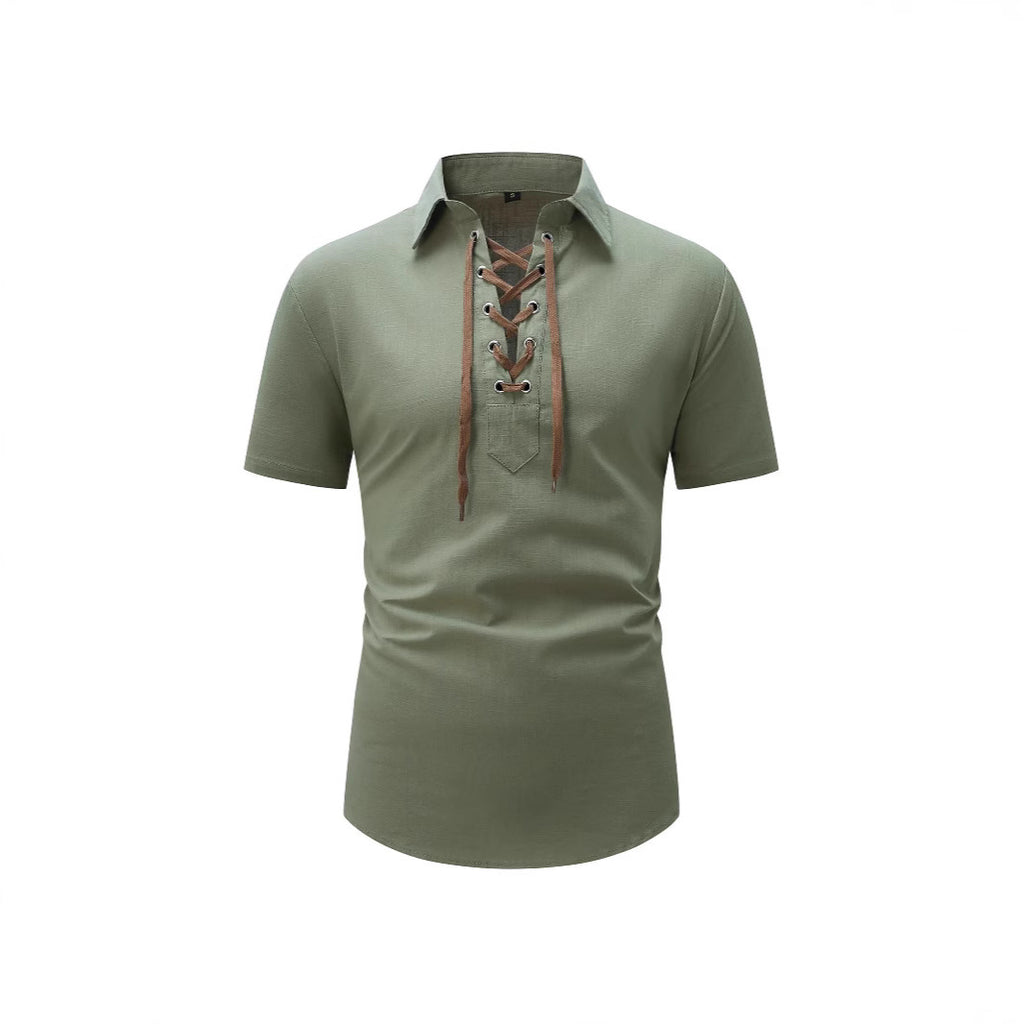 European And American Men's Cotton And Linen Lapel Loose V-neck Lace Shirt