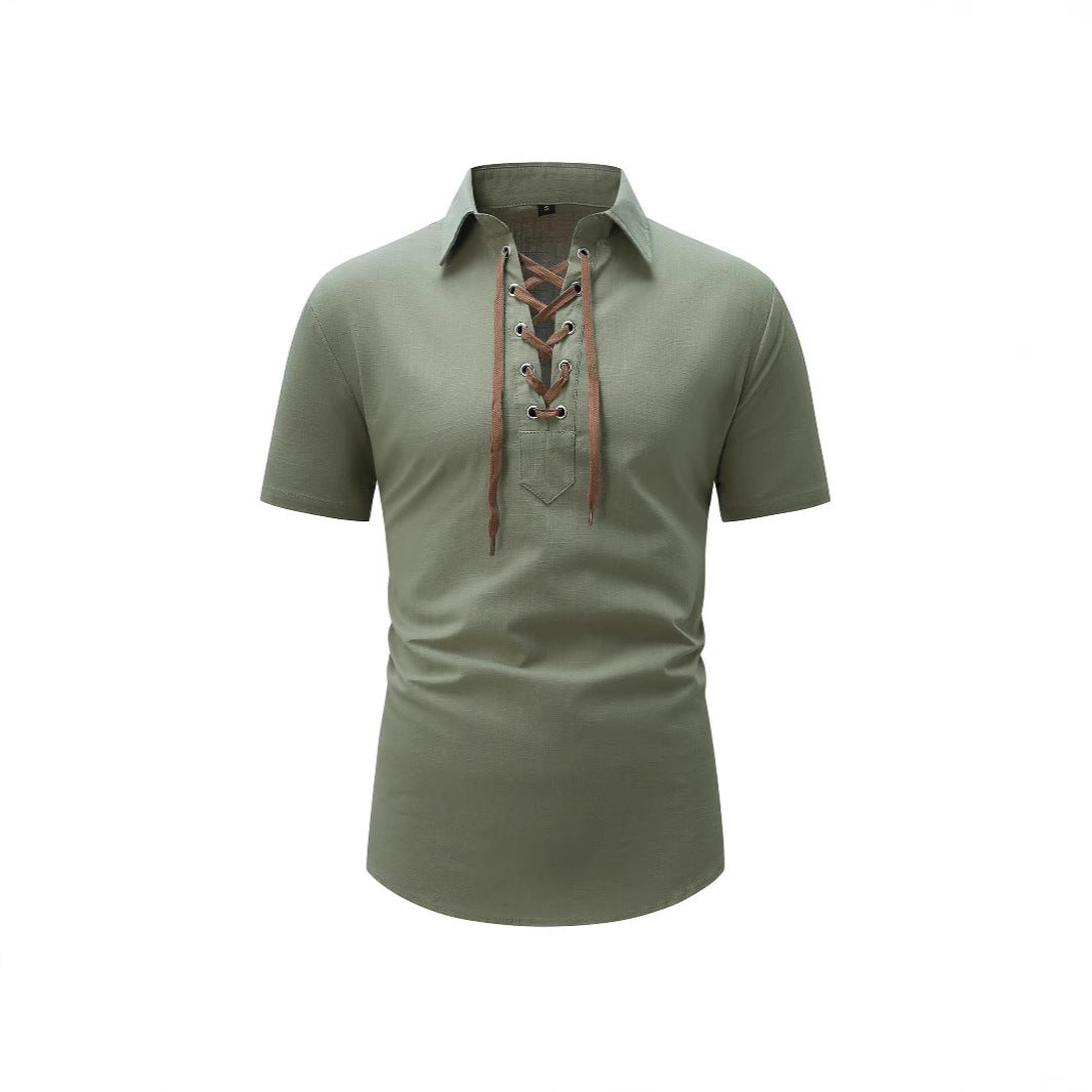 European And American Men's Cotton And Linen Lapel Loose V-neck Lace Shirt