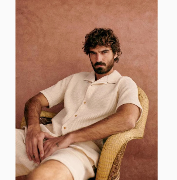 French Men's Waffle Loose Cuban Collar Shirt Shorts Two-piece Suit