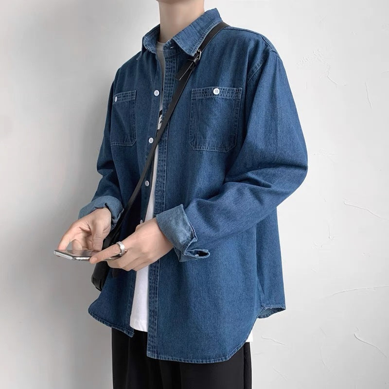 Denim Long Sleeve Shirt Men's Spring And Autumn Turn-down Collar Coat Japanese Style
