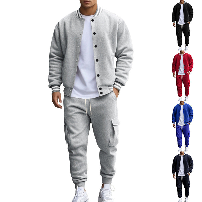 Stand Collar Baseball Uniform Trousers Fleece-lined Casual Coat Sports Suit