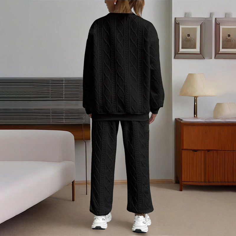 Women's Solid Color Long Sleeve Round Neck Top & Cuffed Pants Set - Ribbed Trim, Minimalist Casual Loungewear For Fall&Winter