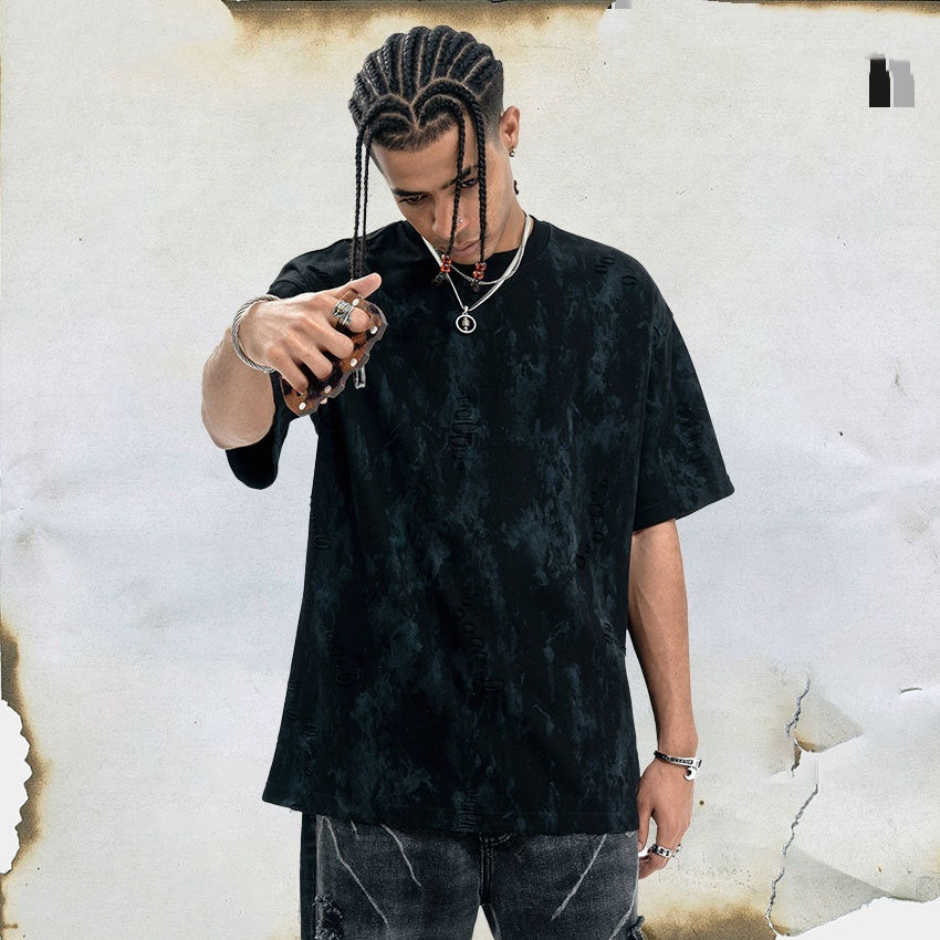 Ripped Edging Design Small Neckline Loose National Fashion Short Sleeve T-shirt