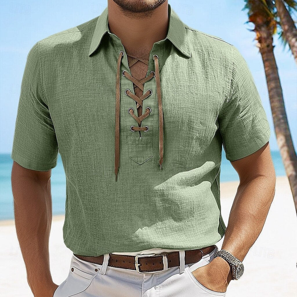 European And American Men's Cotton And Linen Lapel Loose V-neck Lace Shirt