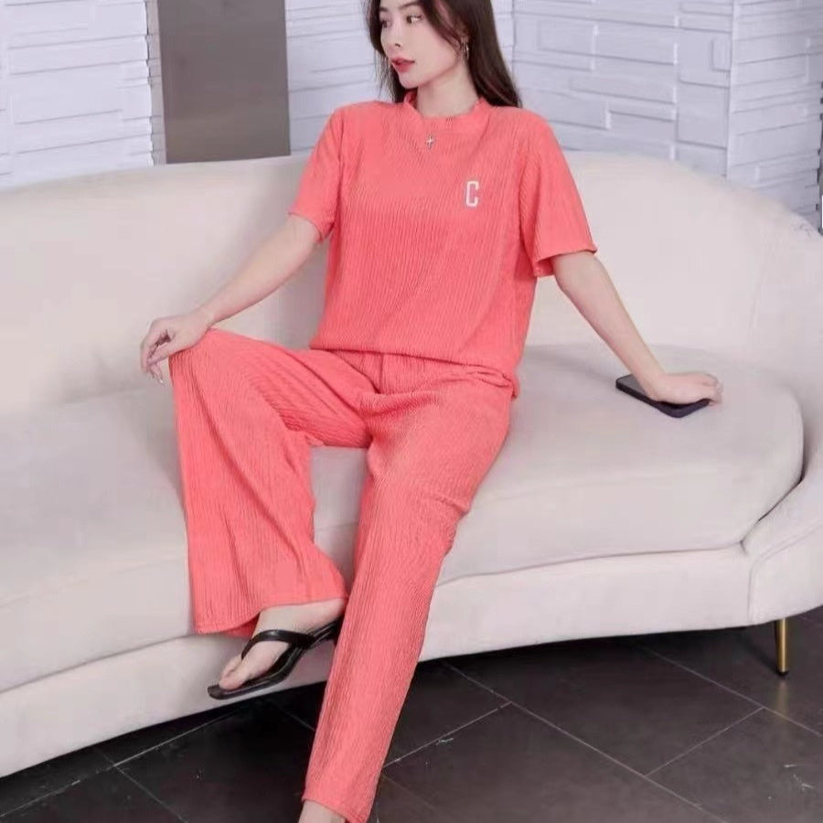 Women's Spring And Summer Letters Thin Embroidery Homewear Suit