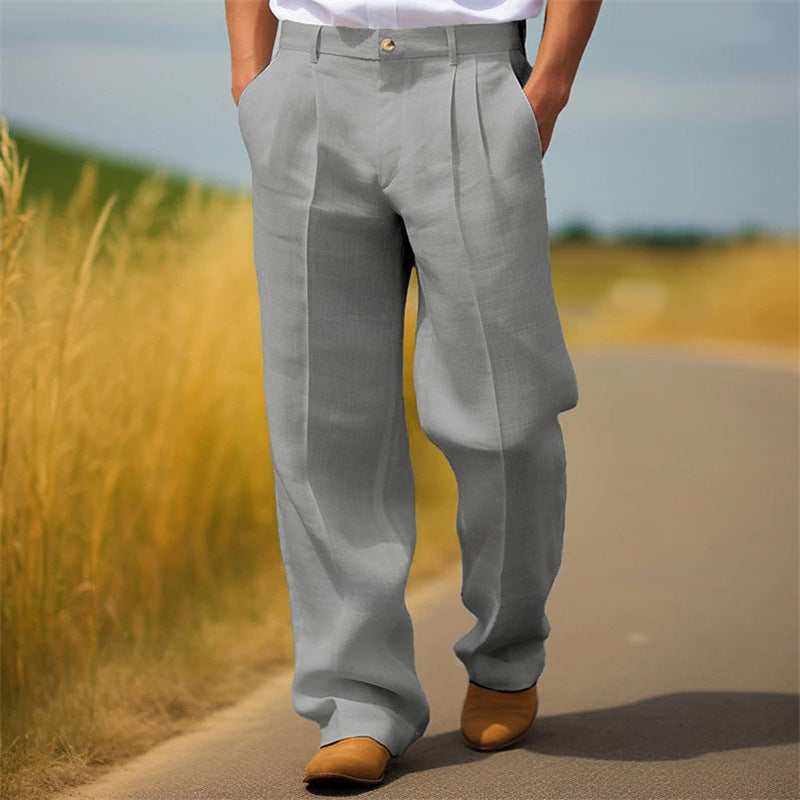 Men's Linen Solid Color Loose Straight Daily Casual Breathable Trousers