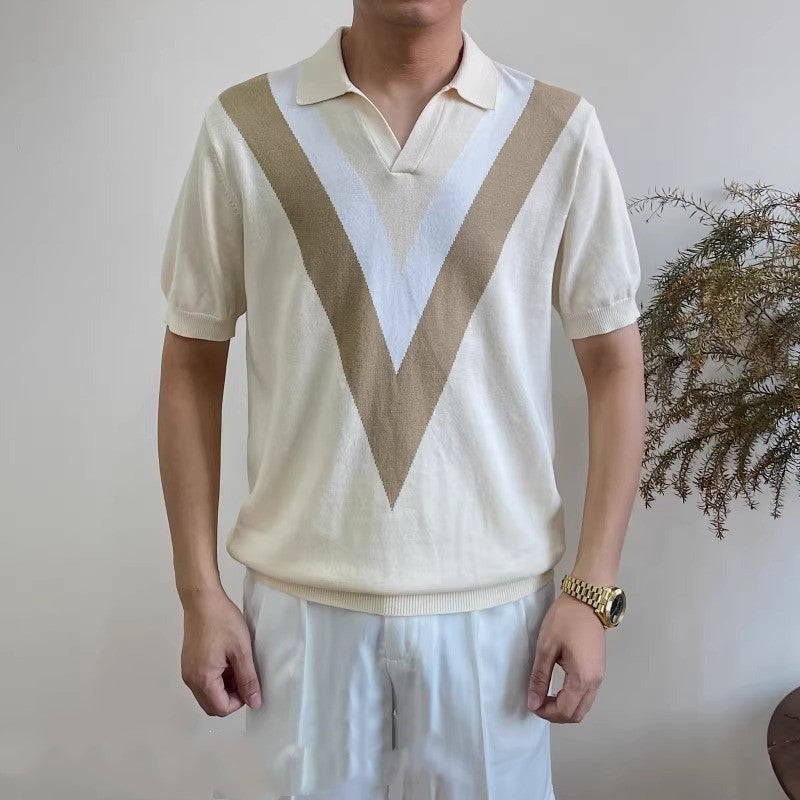 V-neck Short-sleeved Sweater Men's Striped