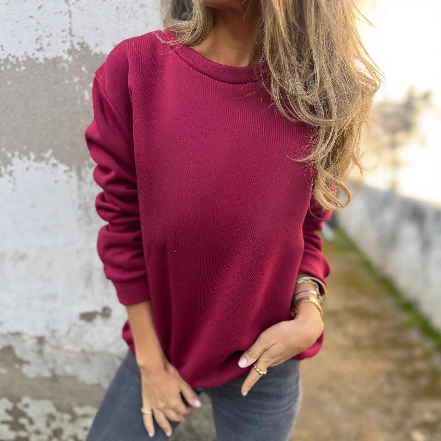 Casual Women's Solid Color Round Neck Long Sleeve Sweater Solid Color Top