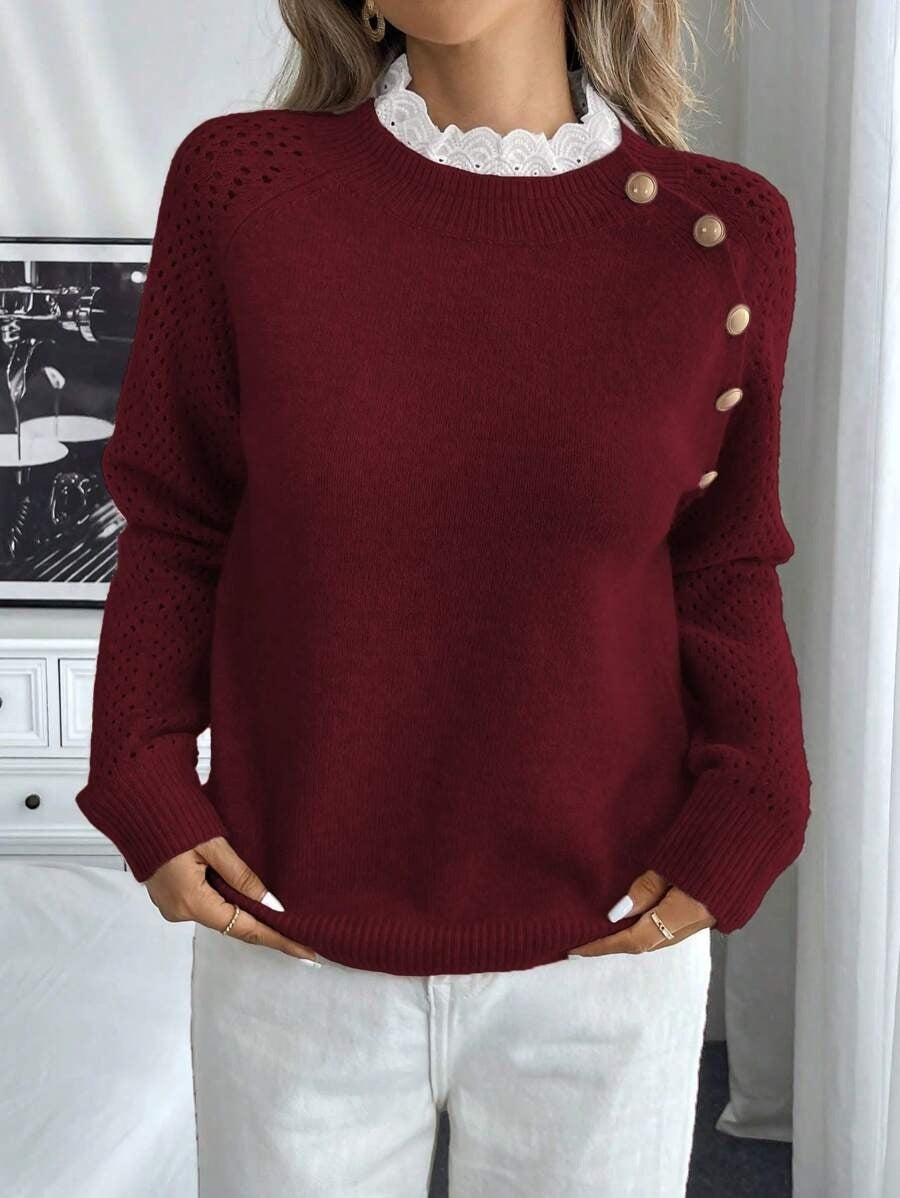 Lace Stitching Collar Design Round Neck Sweater