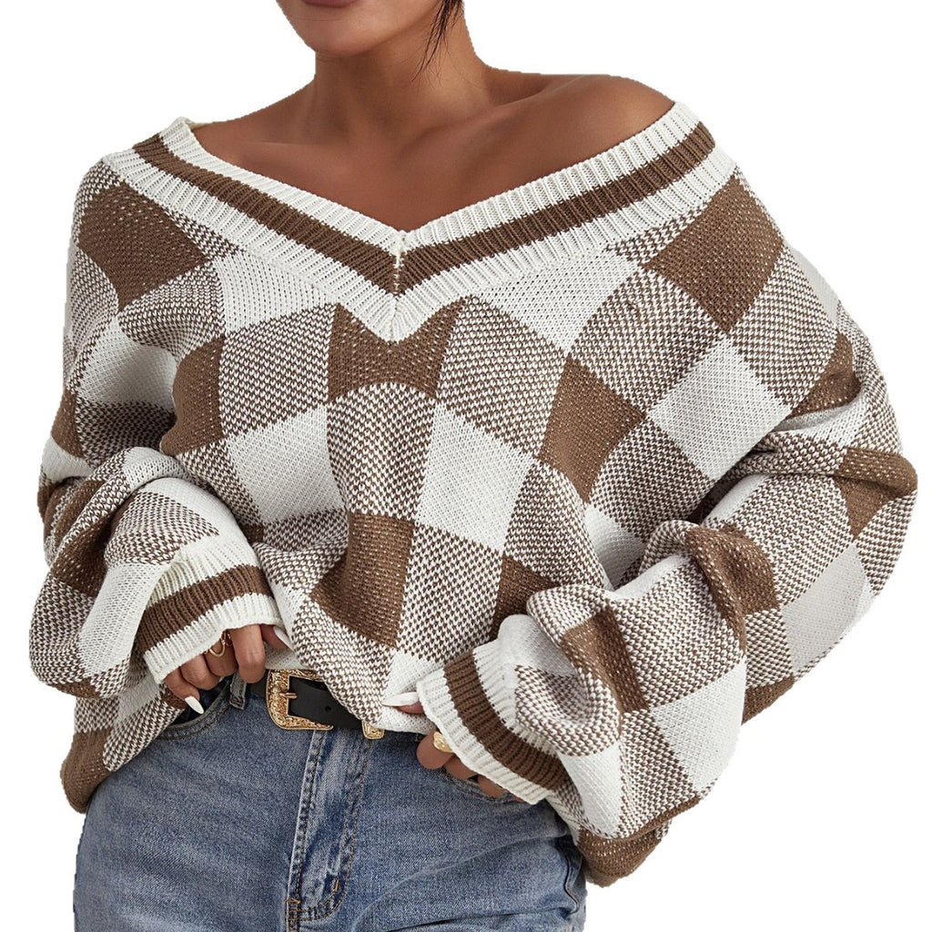 Color-contrast Check Sweater Pullover Loose