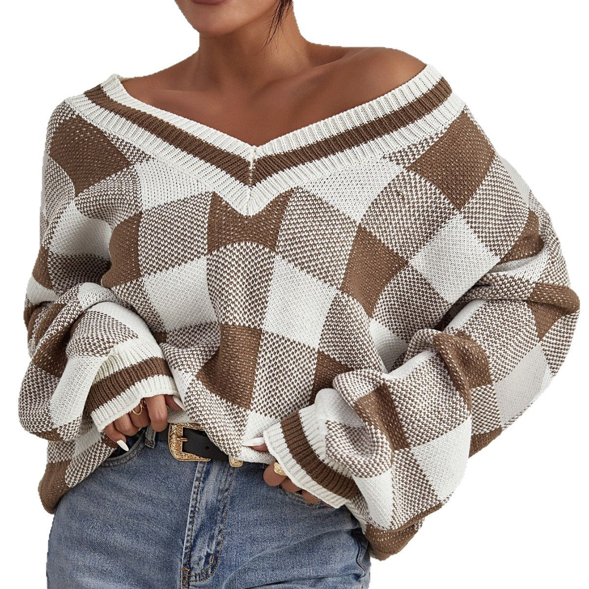 Color-contrast Check Sweater Pullover Loose