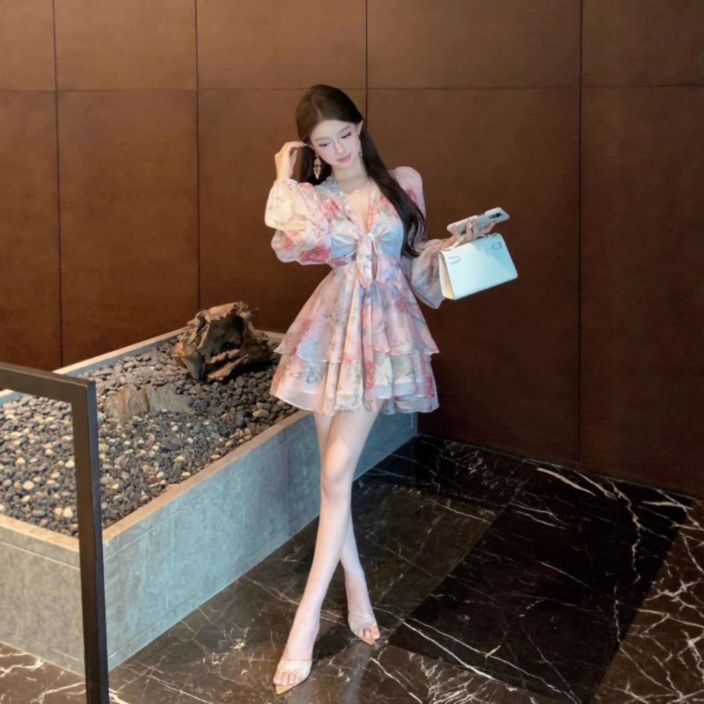 Pure Desire Waist Trimming Easy Matching Sling Printed Female V-neck Dress