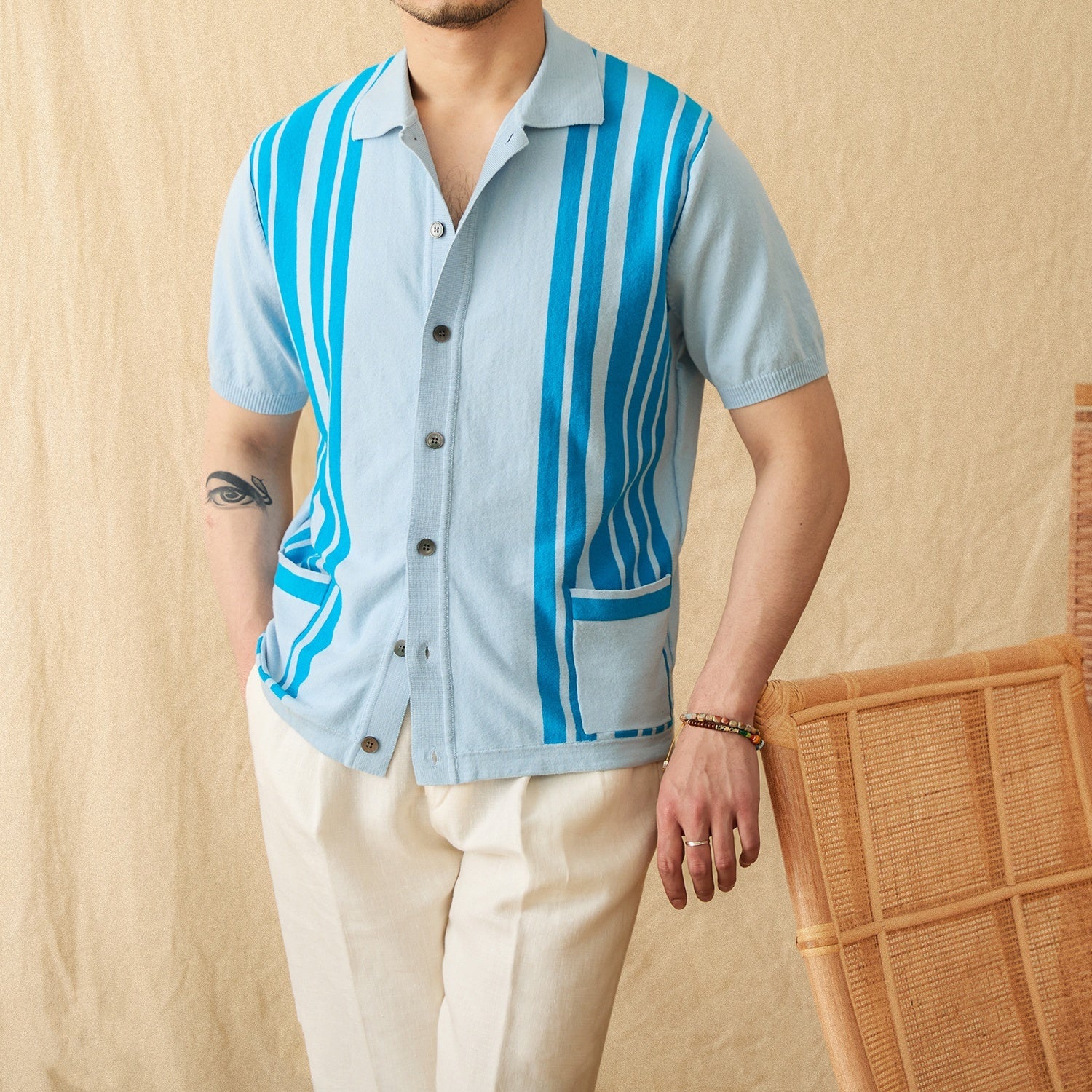 Cotton Striped Breathable Short-sleeved Knitted Cardigan Polo Shirt