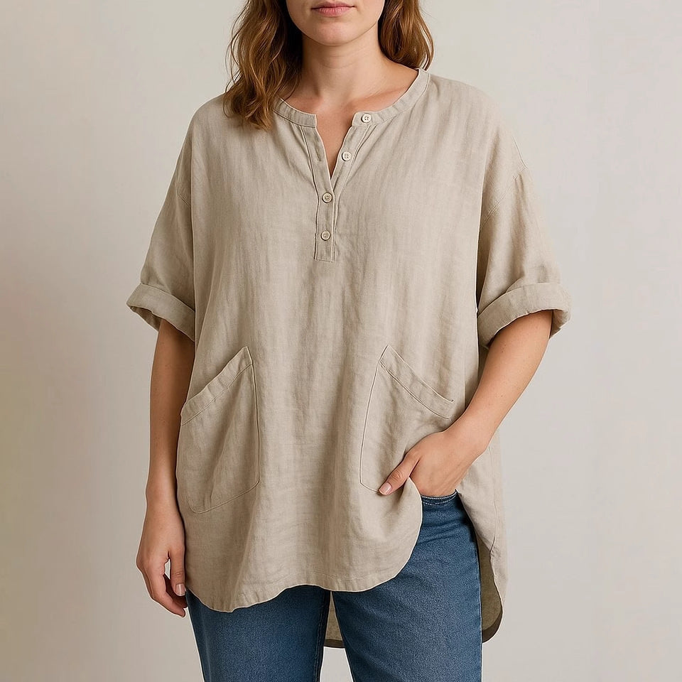 Women's Casual Cropped Sleeve V-neck Solid Color Cotton And Linen Shirt