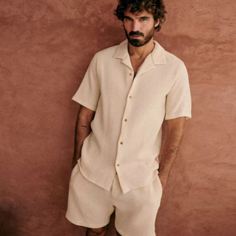 French Men's Waffle Loose Cuban Collar Shirt Shorts Two-piece Suit