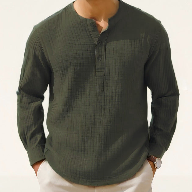 Cotton And Linen Long Sleeve Shirt T-shirt Round Neck