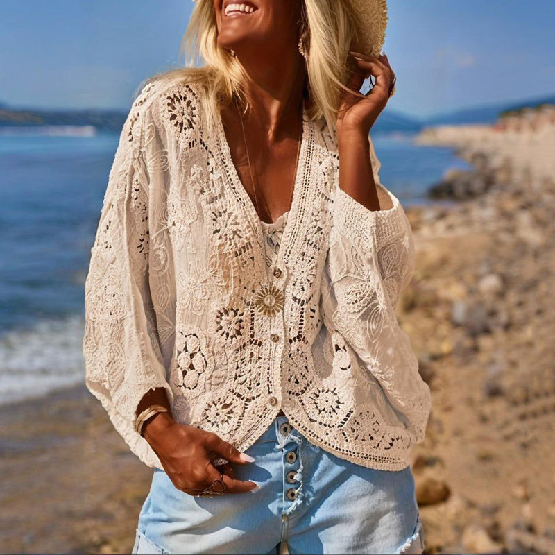 Women's V-Neck Button-Up Lace Cardigan Semi-Sheer Geometric Pattern Mid-Long Sleeve Lightweight Beach Spring&Summer Fashion